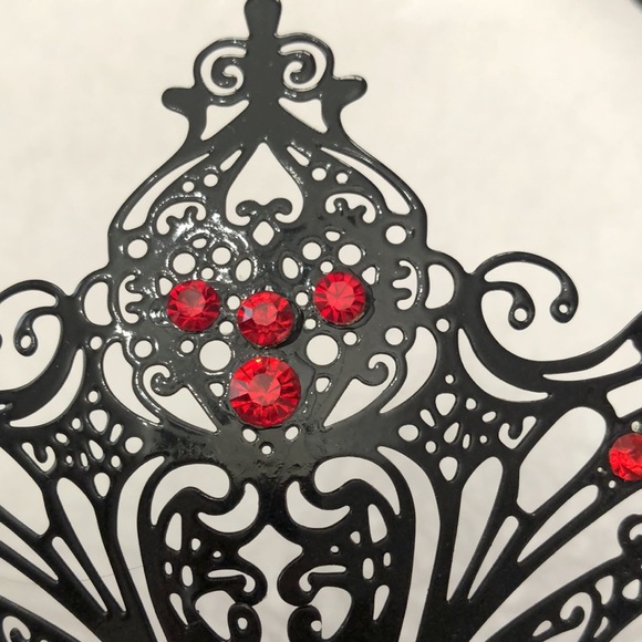 Black Metal Masquerade Mask with Red Rhinestones Handmade - Picture 6 of 17